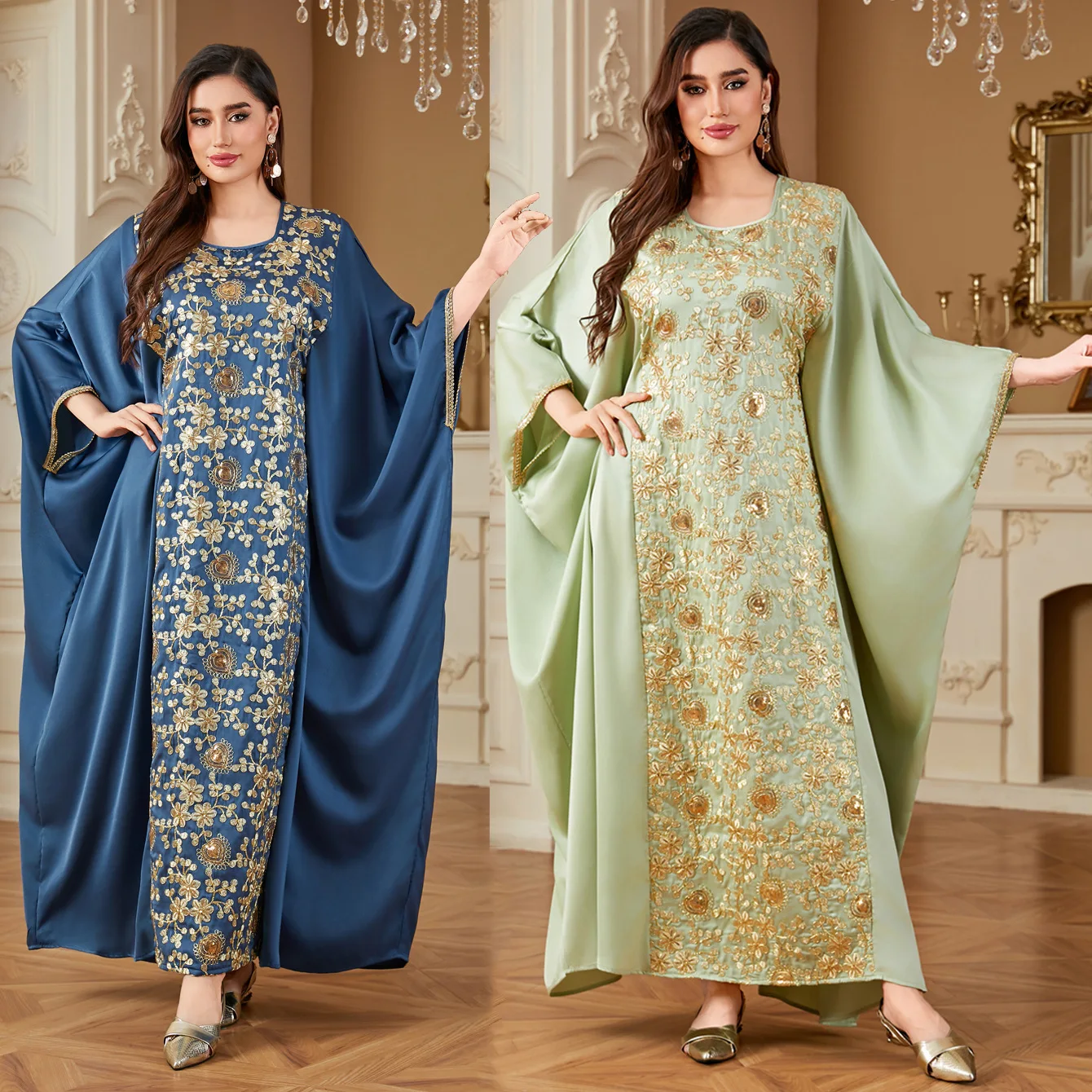 Vestido Elegante com Bordado de Lantejoulas e Mangas de Morcego, Robe Solto com Cintura Ajustável, Abaya Luxuosa para o Ramadan em Dubai