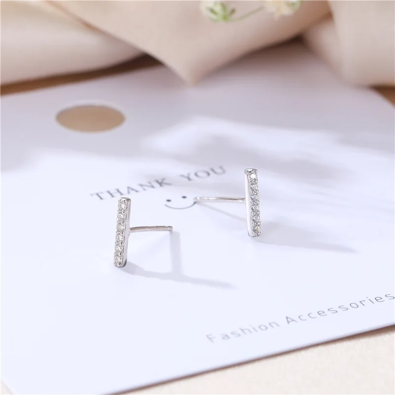 925 Sterling Silver Geometric Stud Female Simple Cute One-word Earrings Sparkly Zircon Non-allergic Stud Party Exquisite Jewelry