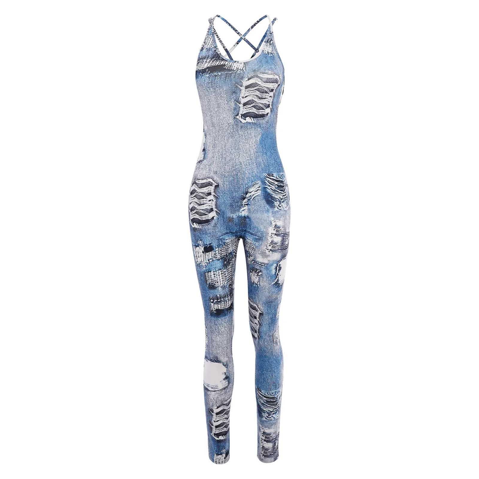 Women Fashion Imitation Denim Printed Yoga Jumpsuit Sleeveless Crisscross Strappy Athletic Bodysuit Sportswear Party Clubwear