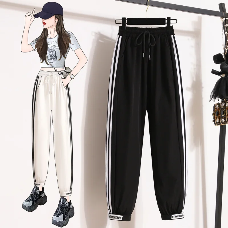 Female Side Stripes Sweatpants, Korean Version, High Waist, Hundred with Jogging, Casual Haren Pants, Summer Legging, New, 2024