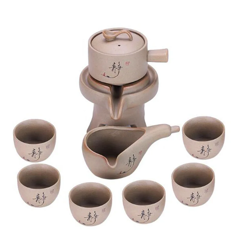 

8Pcs/Set Creative Lazy Semi-automatic Tea Set Porcelain Kungfu Tea Pot Cup Sets Stone Mill Design Teaware Kitchen Drinking Tool