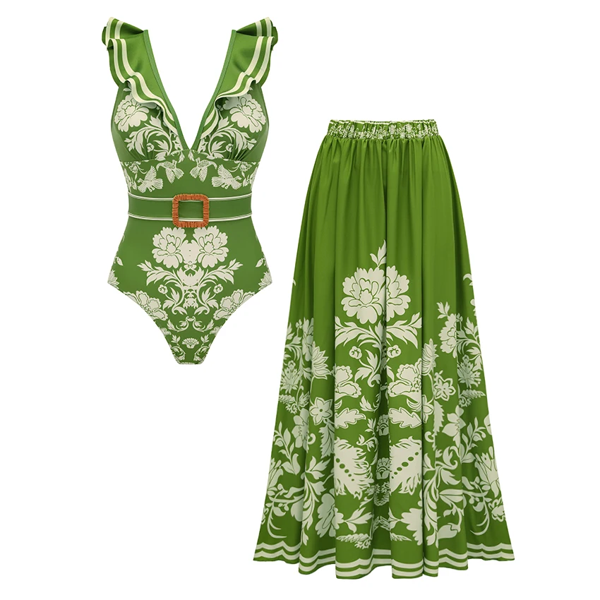 Flaxmaker Women Swimsuit Set(s) Summer Sexy V Neck Sleeveless Swimwear And Skirt Ruffled Beachwear Swimsuit With Cover Skirt