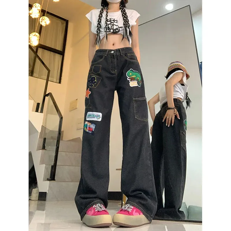 Black High Waist Women Jeans Y2K Korean Streetwear Baggy Straight Denim Trousers Bf Fashion Embroidery Hip Hop Wide Leg Pants