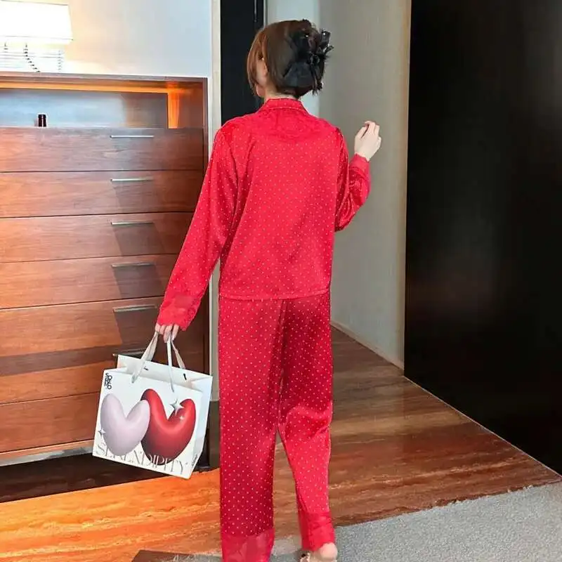 2024 Autumn Vintage Ins Style Women Pajamas Two Piece Ice Silk Red Dot Tiktok Nightgown Long Sleeves Pants High Quality Lace #3