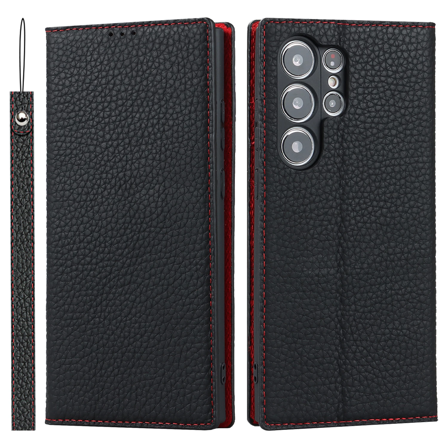 

Genuine Leather Flip Book for Samsung Galaxy S23 Ultra Wallet Case Kickstand Credit Card Holder Magnetic Closure Case With Strap