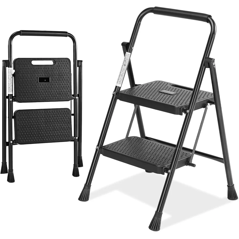 2 Step Ladder Folding Stool with Wide Anti-Slip Pedal 800lbs Heavy Duty for Home Kitchen and Outdoor Black