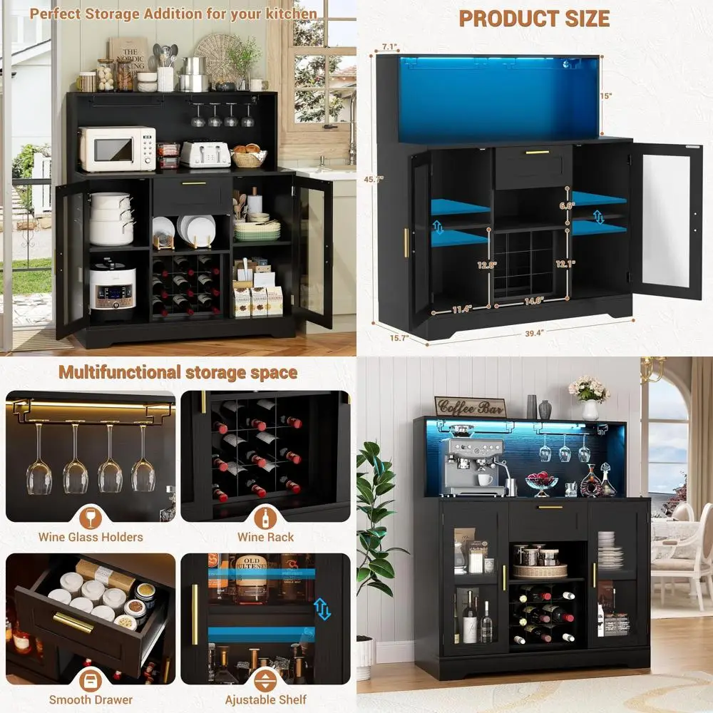 

Illuminated Wine & Liquor Cabinet with Racks and Glass Storage for Home Kitchen, Black