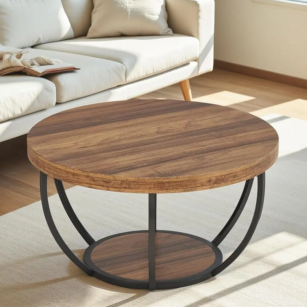 

Журнальный столик Деревянный журнальный столик с круглыми центральными столами для хранения с открытой нижней полкой и обеденным столом с металлическим каркасом для