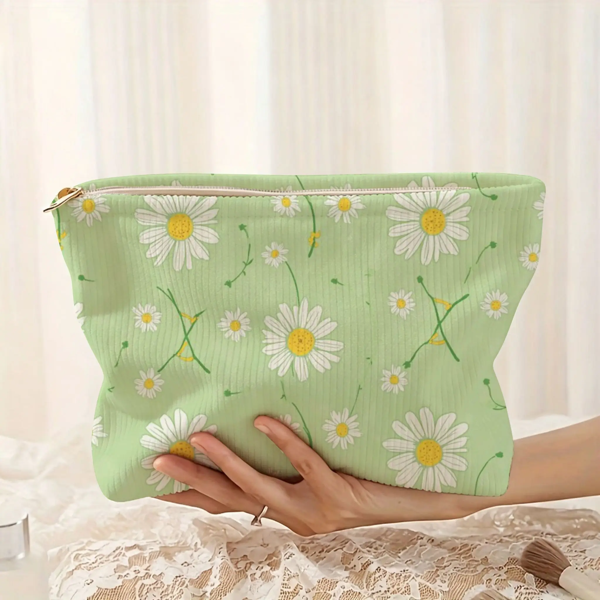 Daisy Flower Print Corduroy Makeup Bag - Portable Zipper Pouch, Aesthetic Cosmetic Organizer for Purse, Travel Storage