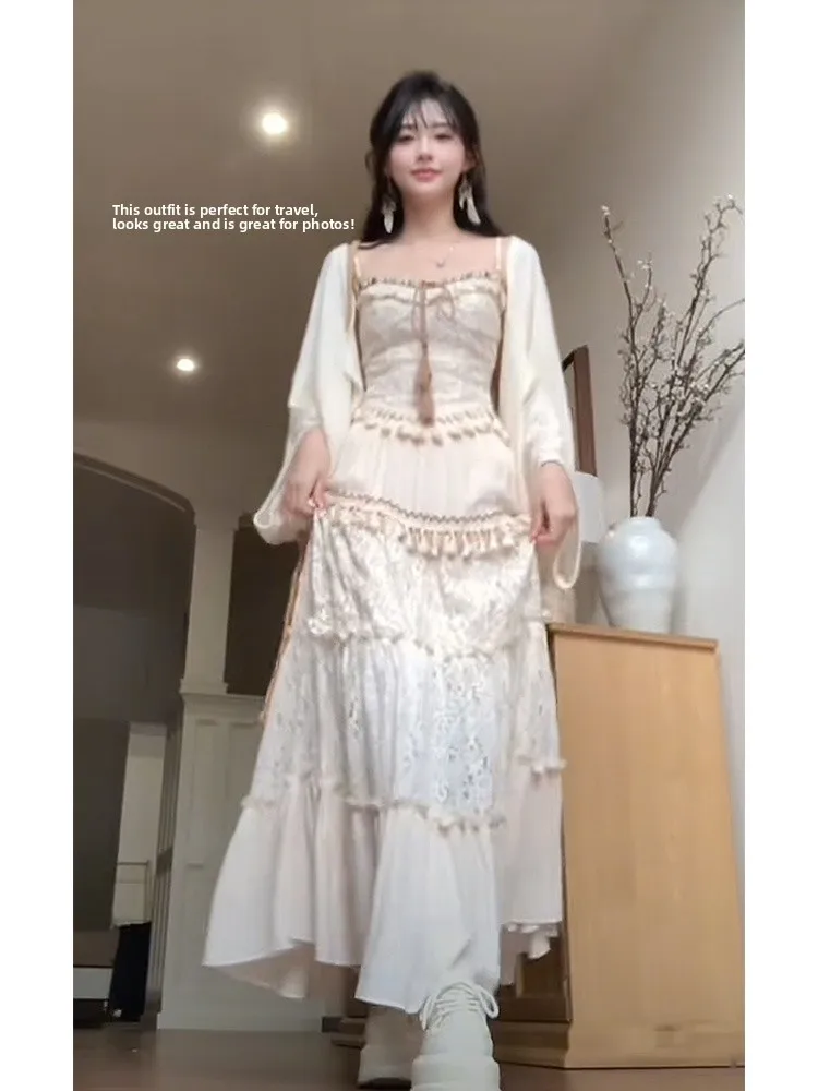 

Spring 2026 Bohemian Ethnic Style Retro Heavy Work Open Cardigan Waist Cinched Halter Half Skirt Set Women's Fashion Ensemble