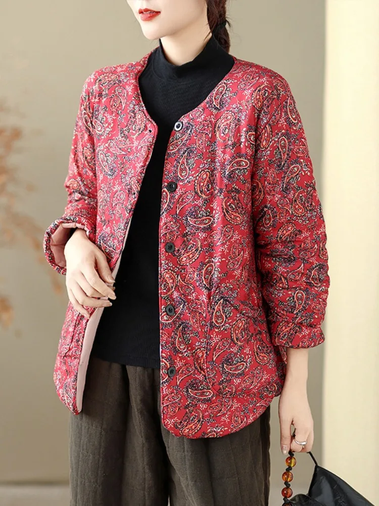 

Ретро этническое хлопковое пальто Jaet для домашней одежды для женщин, зимнее теплое пальто с цветочным принтом ореха, хлопковое пальто без воротника