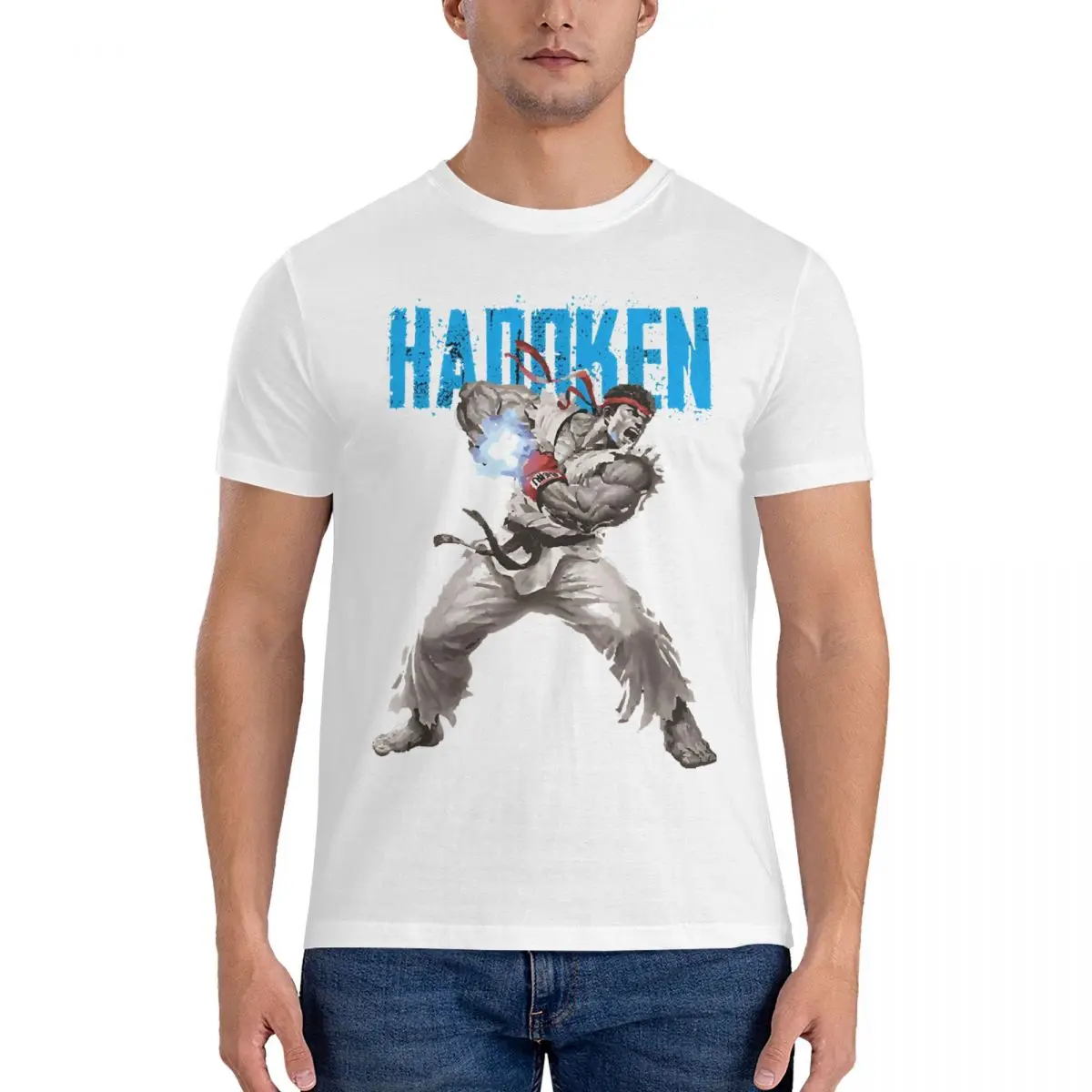 Hadoken T-Shirts Men Street Fighter Novelty Pure Cotton Tee Shirt Round Collar Short Sleeve T Shirt Summer Clothes