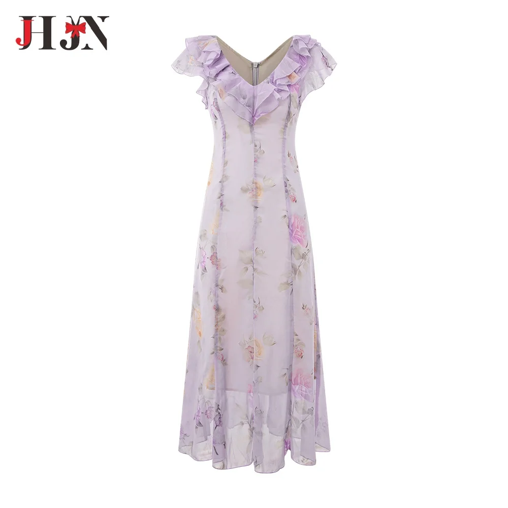 JHJN Strand Stil Frauen Kleid Rüschen V-ausschnitt Floral Bedruckte Rock Mesh Sheer Kleid Knöchel-Länge Fairycore Y2k Weibliche Vestido Tops