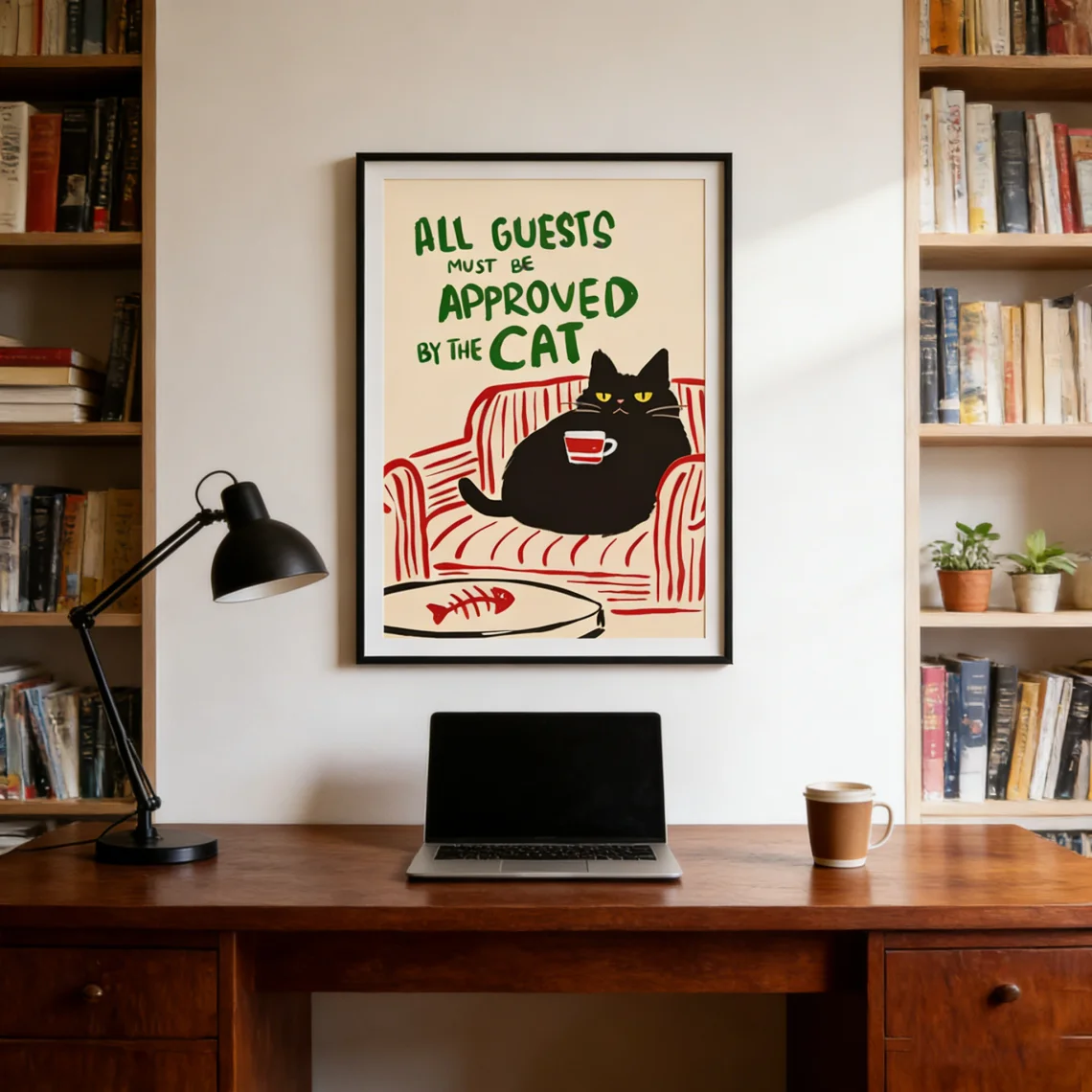All Guests Must Be Approved by the Cat – Funny Digital Art Print, Cat Lover Wall Decor, Home Decor Cat owner