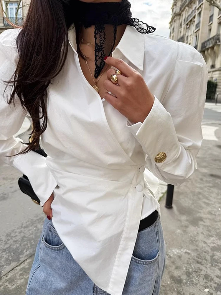 Lente Nieuwe Sle Dames Slim Fit Lange Sve irt Onregelmatige Cross Button Ontwerp Koreaanse Sle Pendelen Faion Casual irt