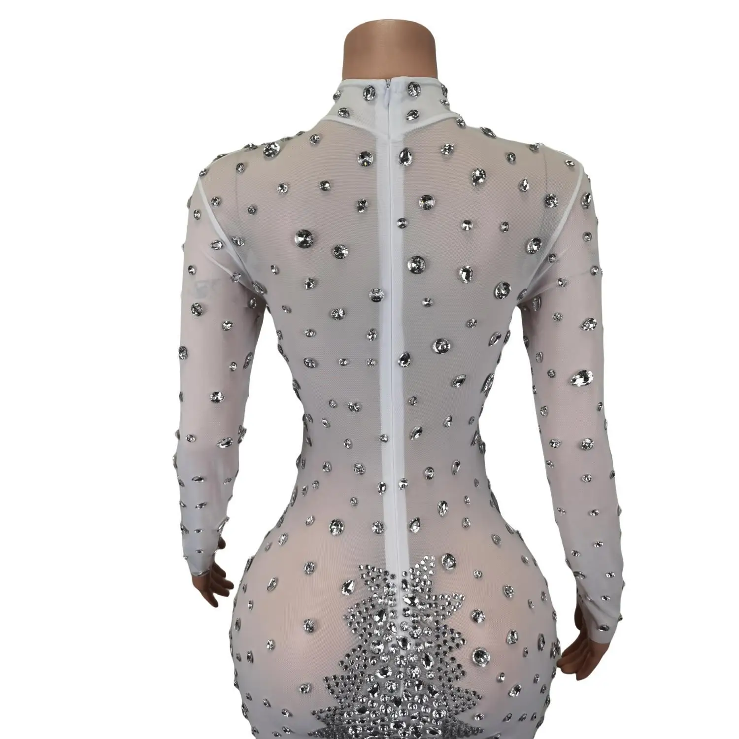 Strass bianchi scintillanti Guaina sexy in rete trasparente Mini abito da sera per feste Performance Costume Bar Nightclub Cantante Stage Wear