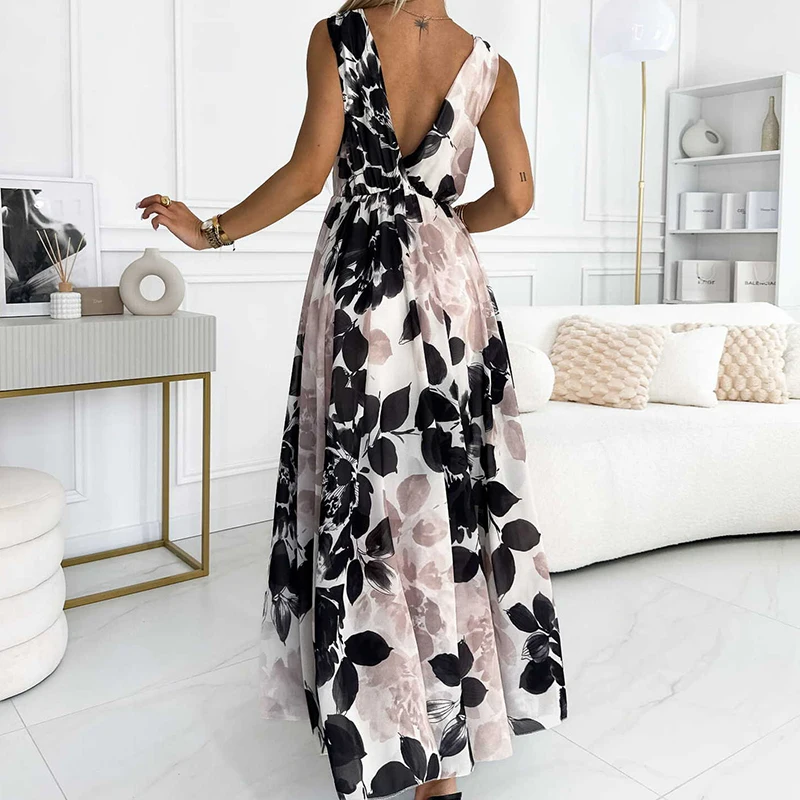 Frühling sexy Doppel-V-Ausschnitt hohl langes Kleid Frauen lässig Blumen druck Saum Maxi kleid Sommer ärmelloses rücken freies Boho Strand kleid