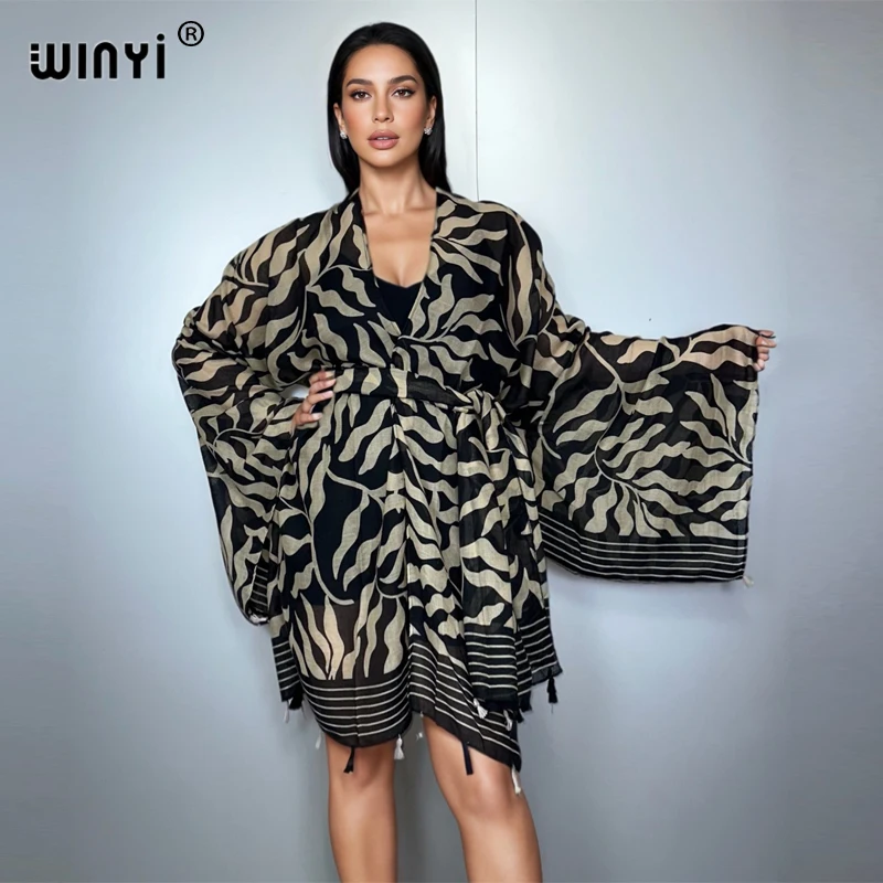 WINYI Afrika Mode Kimono Strand Outfits Frauen Sommer Strand Cover Up Strickjacke Stich Selbst Gürtel Urlaub Langarm Print Mantel