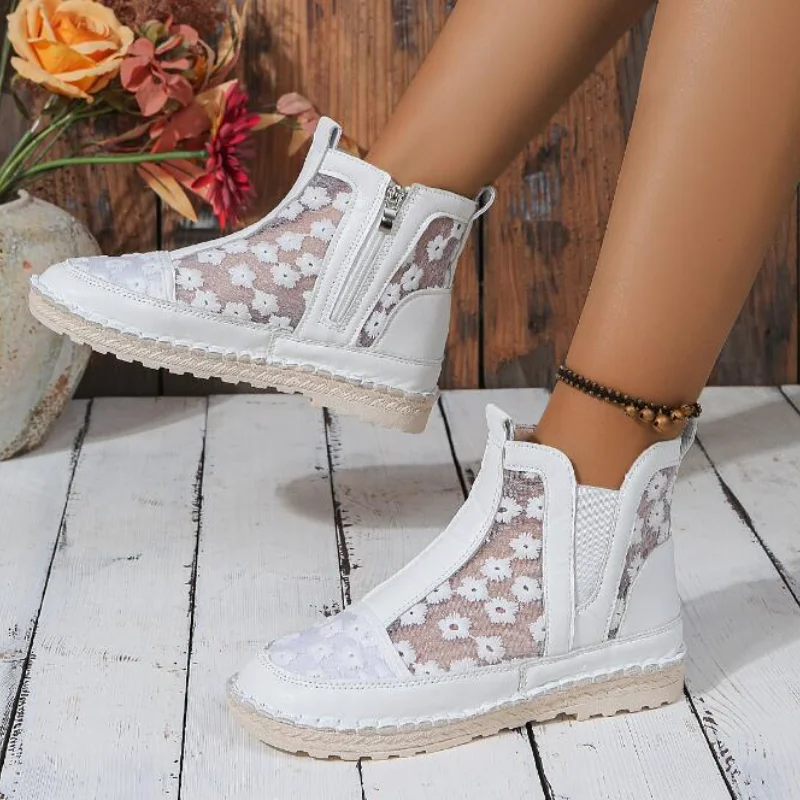 Sneakers For Women Clearance 2024 Ladies Summer Solid Colour Sandal Boots Flat Lace Mesh Hollow Out Women'S Summer Footwear