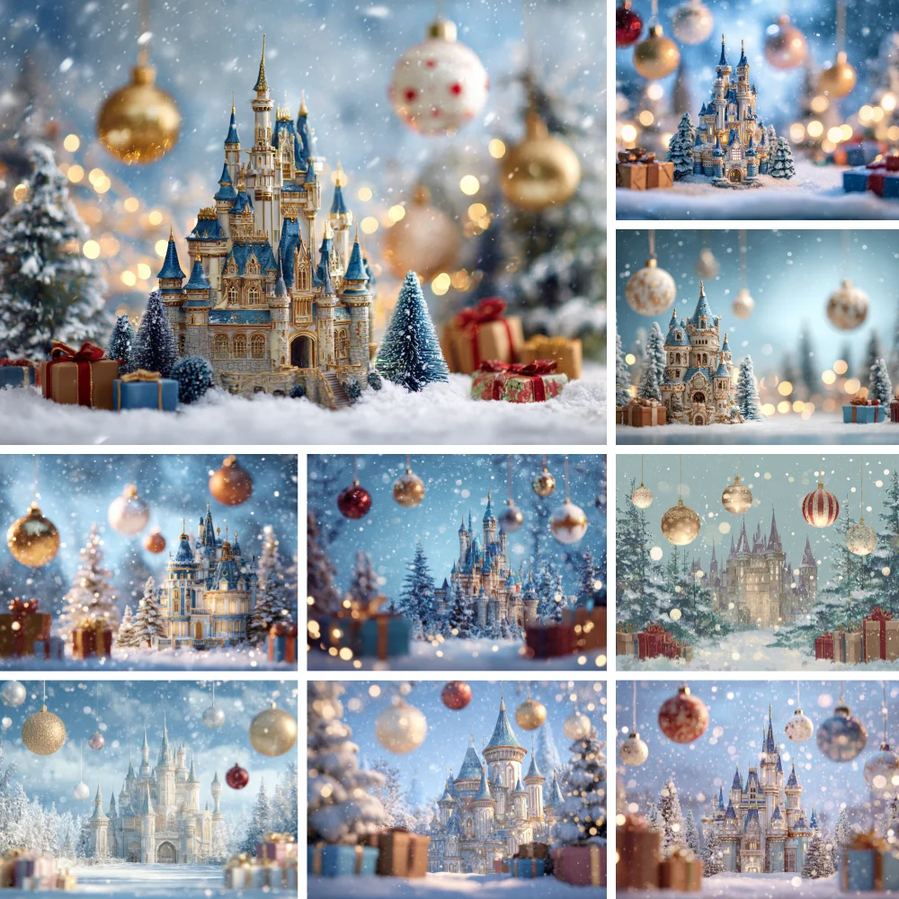 Fairy Tale Castle Christmas Backdrop Fantasy Palace Snow Ground Bauble Ornament Gift Box Xmas Tree Bokeh Light Kids Background