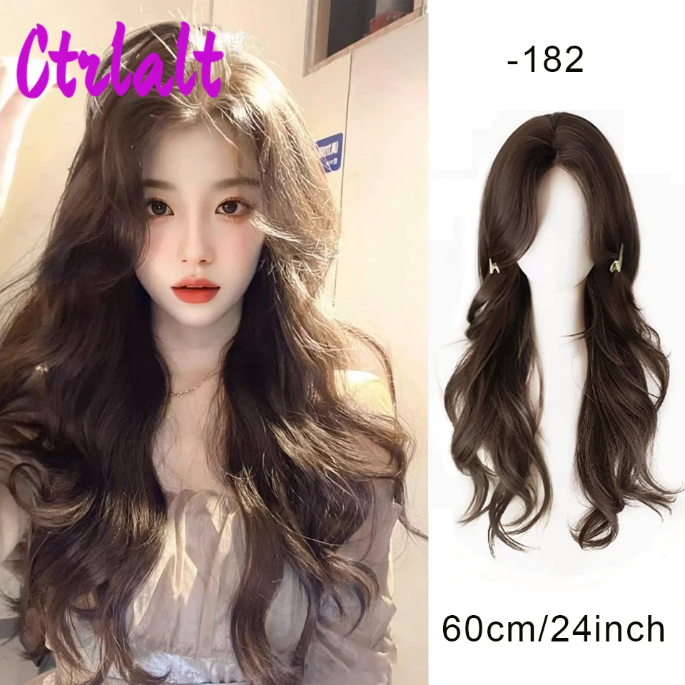 Wig sintetik gelombang panjang coklat, dengan poni krem Lolita rambut palsu untuk wanita pesta Natal Halloween serat tahan panas