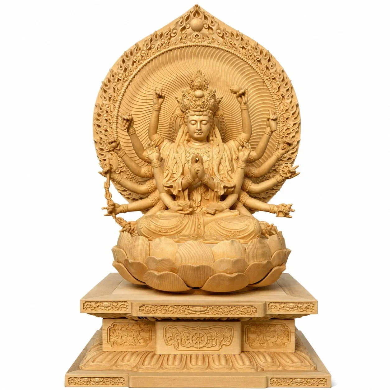 Large Fine Hand Carved Hinoki Wood Cundi Bodhisattva Statue for Traditional Chinese Buddhist Temple Living Room Home Decor