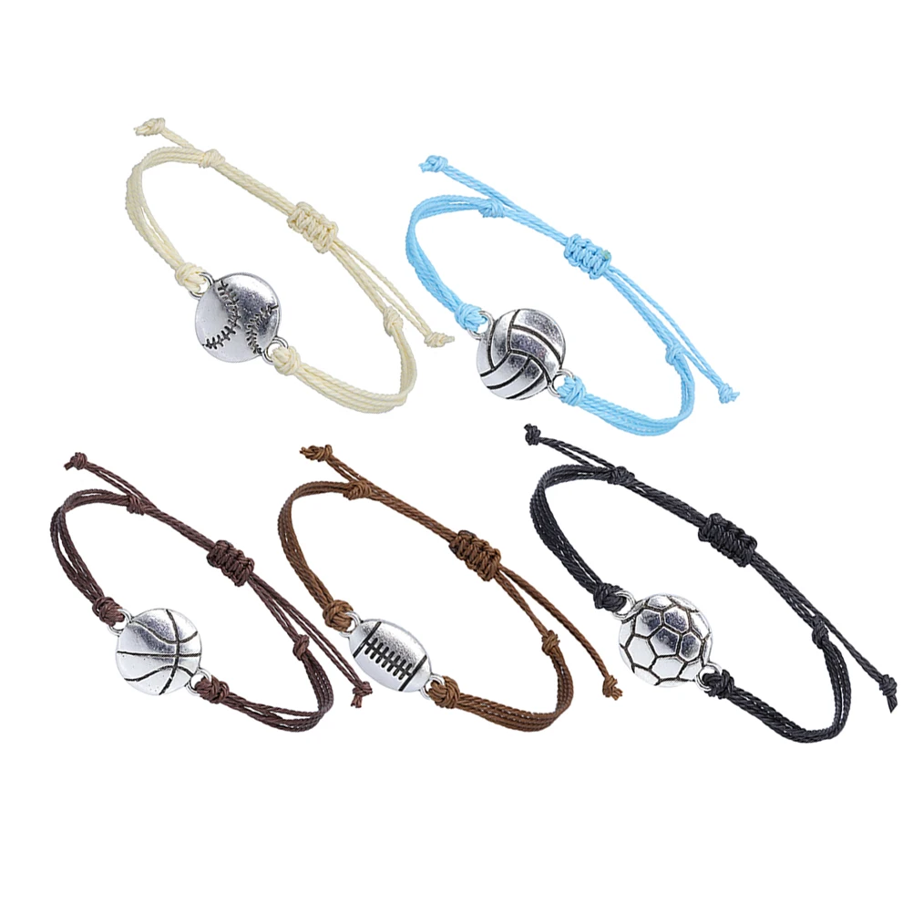 

5pcs Sports Ball Bracelets Adjustable Wear Resist Wrist Wax Line Bead Themed Accessories Trendy Jewelry Gifts
