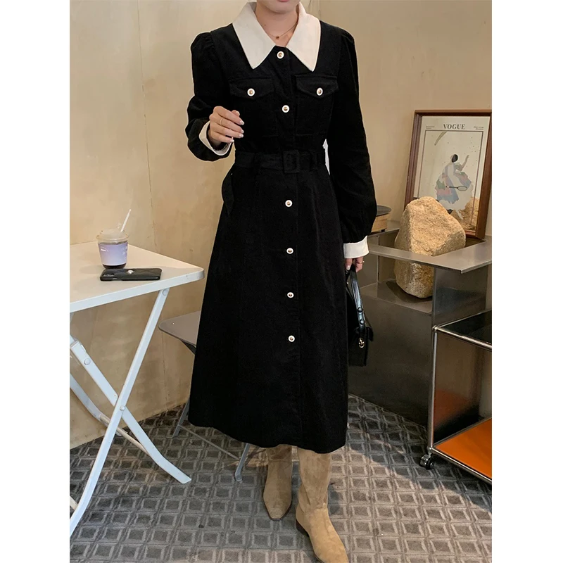 MEXZT Vintage Belt Midi Dress Women Corduroy A Line Dresses Winter Korean Elegant Patchwork Single-Breasted Slim Casual Vestidos