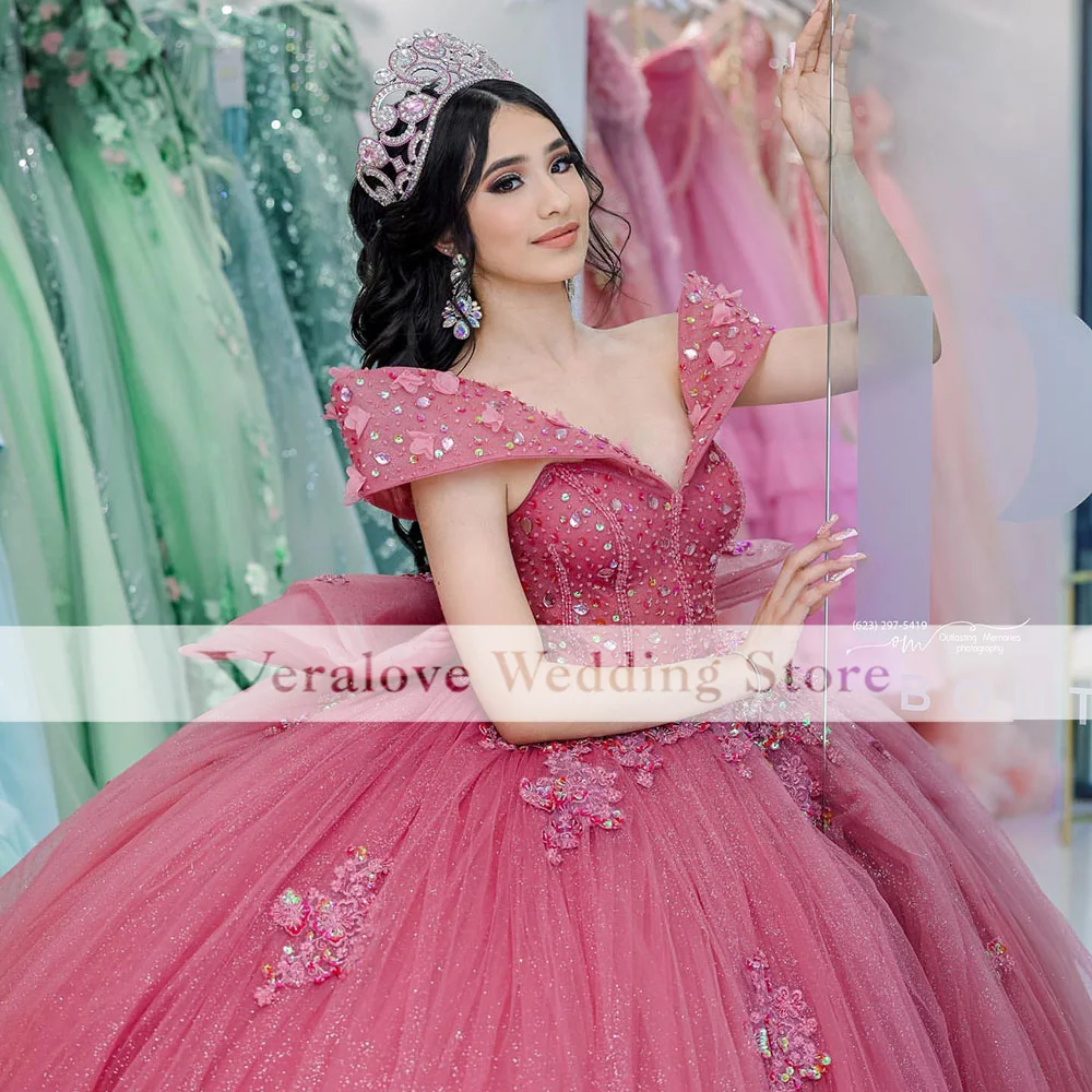 Vestidos de quinceañera lila con hombros descubiertos, corsé con apliques florales, vestidos de cristal de 15 años personalizados