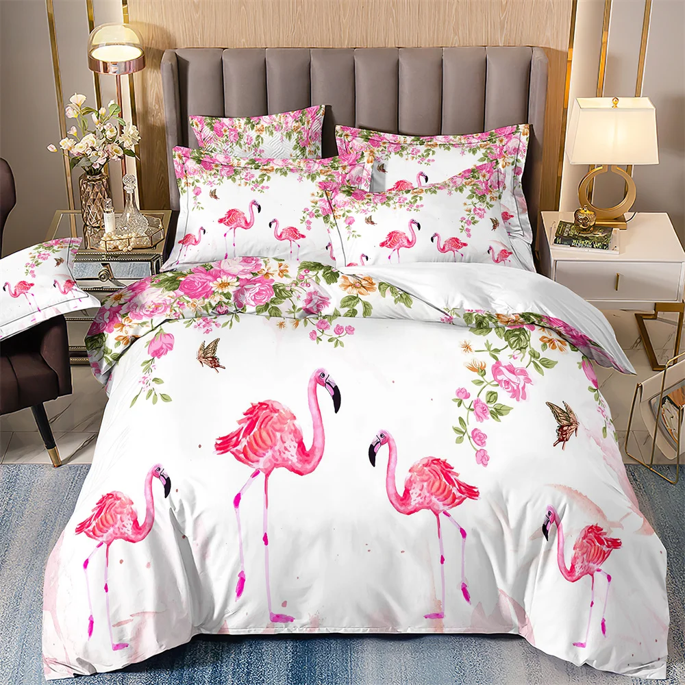 Double Duvet Cover And Pillowcases For Girls,Flamingo And Parrot Bedding,Bird Flowers And Trees Print,Dropship Wholesale,200x200
