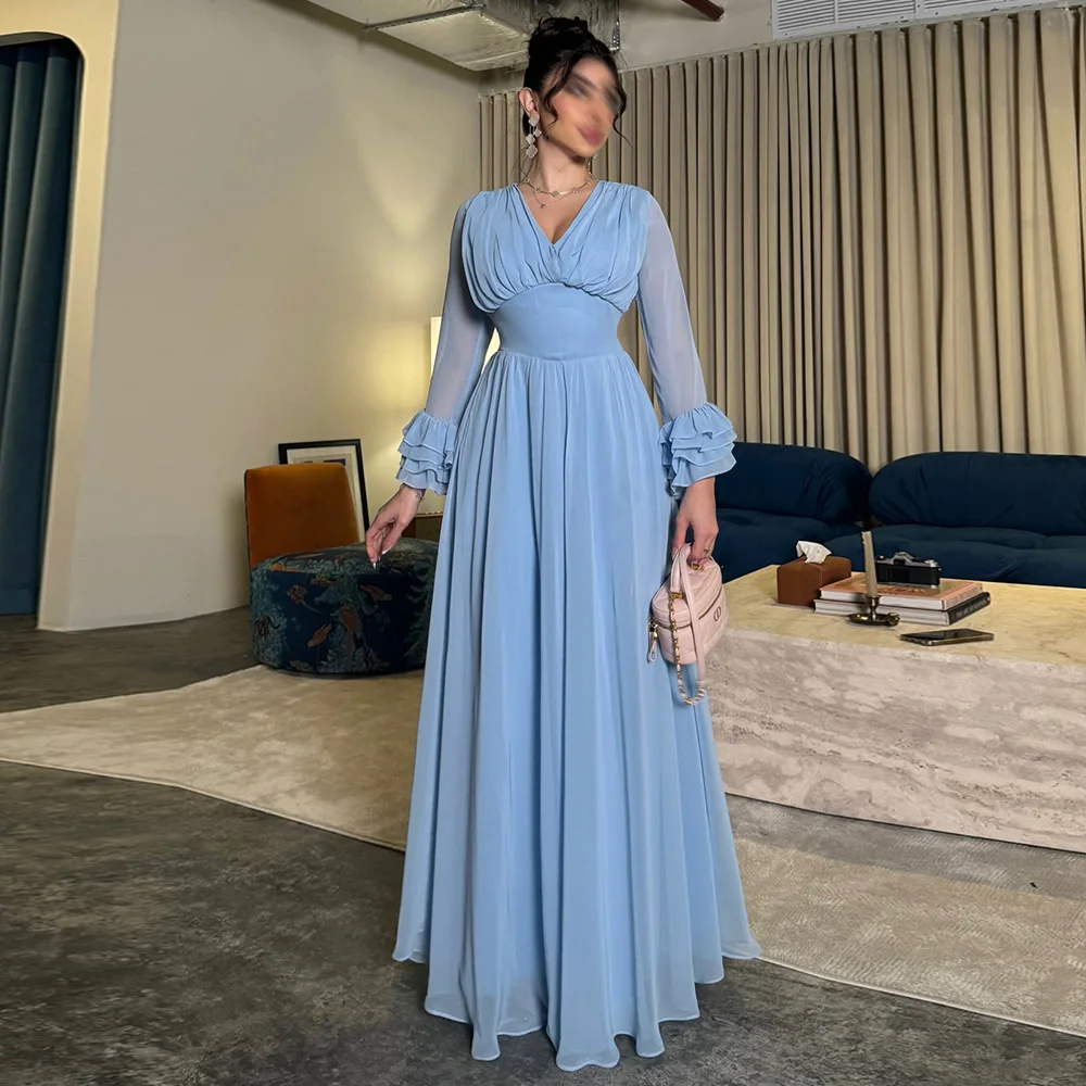 دبي المرأة فستاين سهرة/فساتين الحفلات الشيفون ألف خط فستان سهرة رسمي السماء الزرقاء الخامس الرقبة الطية Ruched الكشكشة فساتين لحضور الحفلات الموسيقية طويلة 2025