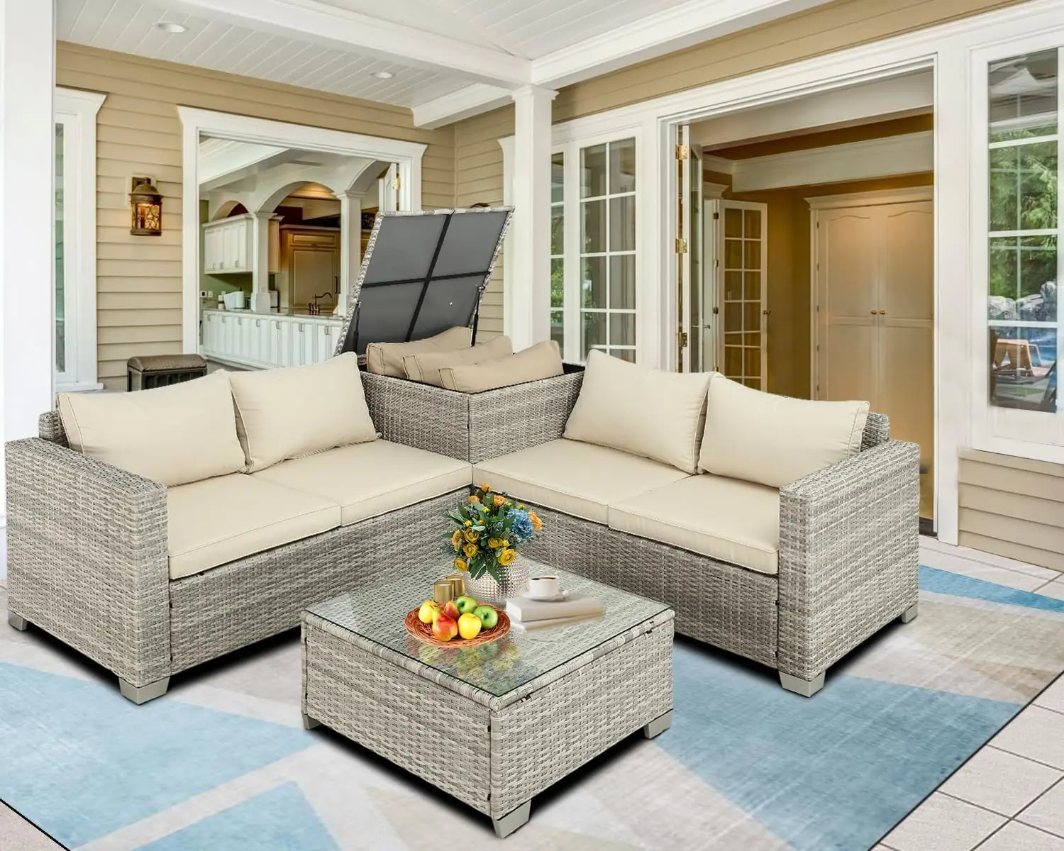 Outdoor PE Wicker Patio Furniture Set Rattan Sectional Loveseat Couch Set Conversation Sofa with Storage Box Glass Top Table