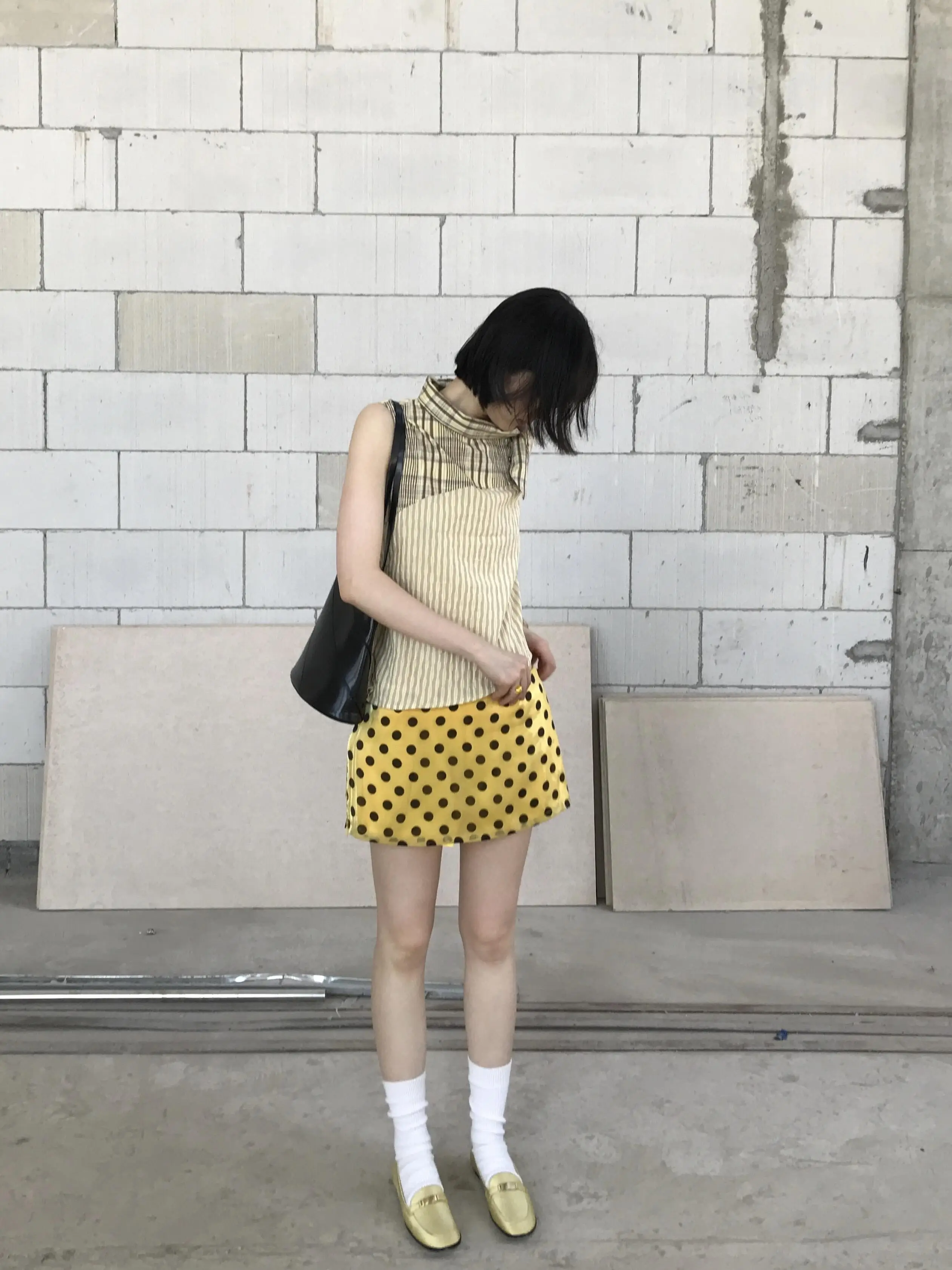 American Retro Yellow Polka Dot A-Line  Skirt for Women Summer New Style Side Zipper Slimming Versatile Short Skirt Pants