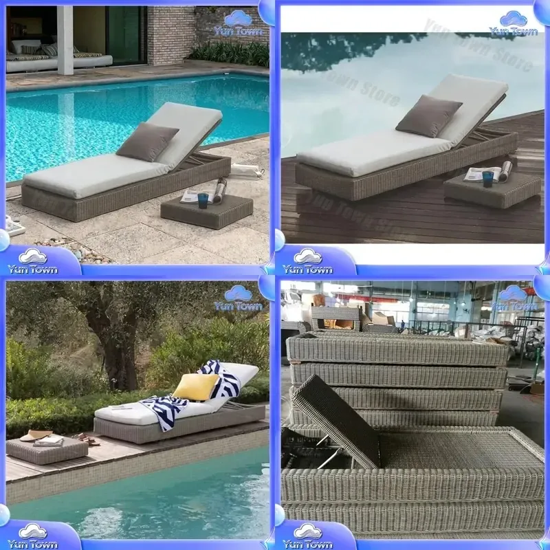 Wicker Chaise Lounge Chair for Outdoor Patio Garden Pool Hotel Use Adjustable Reclining Cushion Durable Rattan Furniture Sun