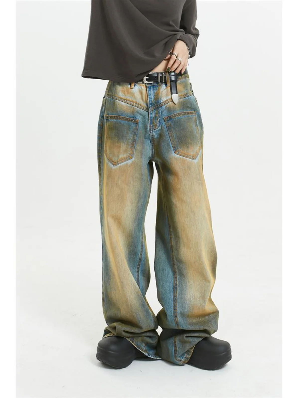 

Винтажные джинсы свободного прямого кроя с эффектом потертости, новинка 2024 года, американский стиль, для мужчин и женщин, молодежный тренд, из денима, длинные брюки