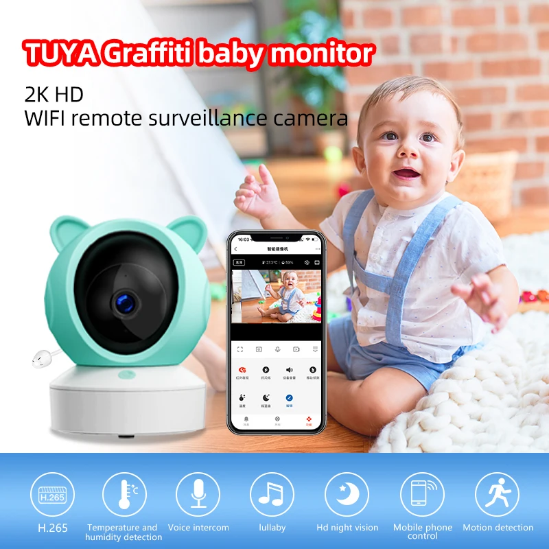 Danmini Smart Baby Monitor Tuya App Remote Control 2K HD Color Display Feeding Reminder Crying Detection 3 Megapixel Baby Camera