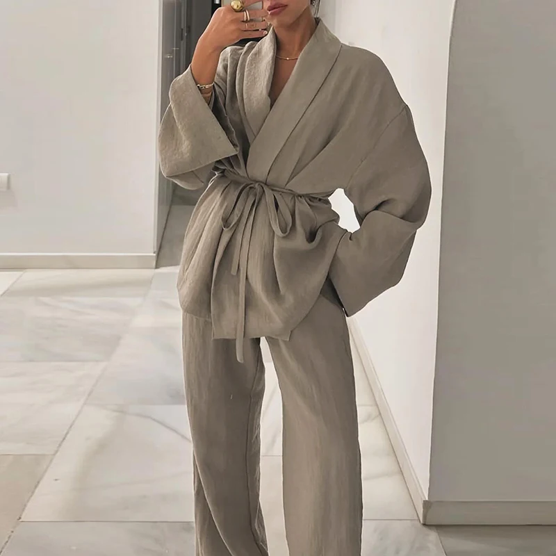 Elegant Casual Loose Long Sleeve Pant Suit Women Solid 2 Piece Outfits Shawl Collar Wrap Tie Waist Blazer And Wide Leg Pants Set