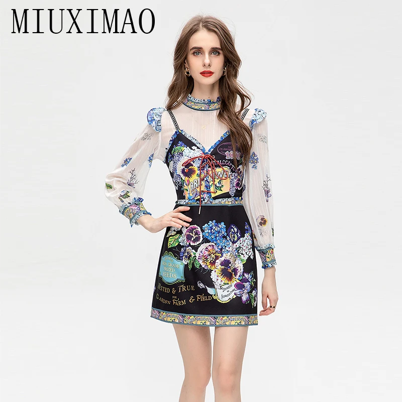 MIUXIMAO 2023 High Quality Spring&Summer Elegant Dress Long Sleeve Stand Chiffon Print Fashion Mini Dress Women Vestides