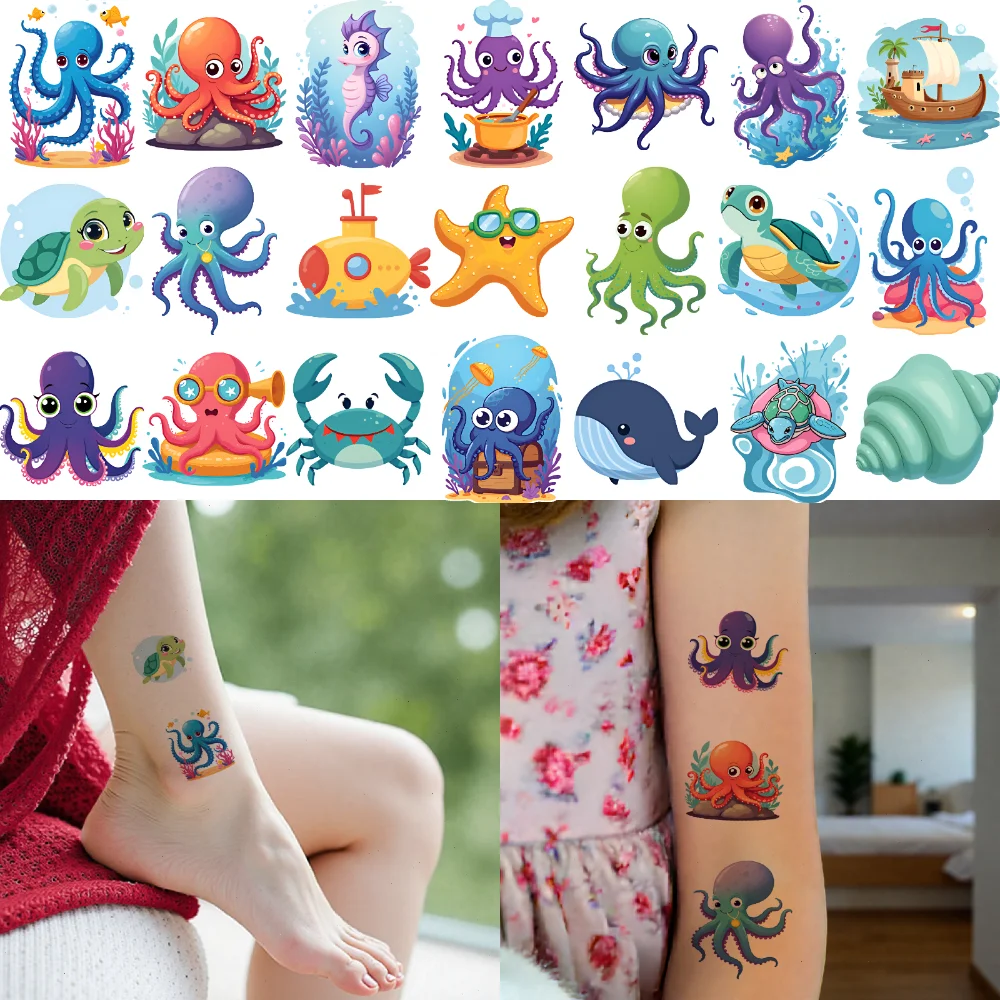 

63pcs Temporary Tattoo Shark Temporary Tattoo Stickers Turtle Fish Cartoon Octopus For Cheeks