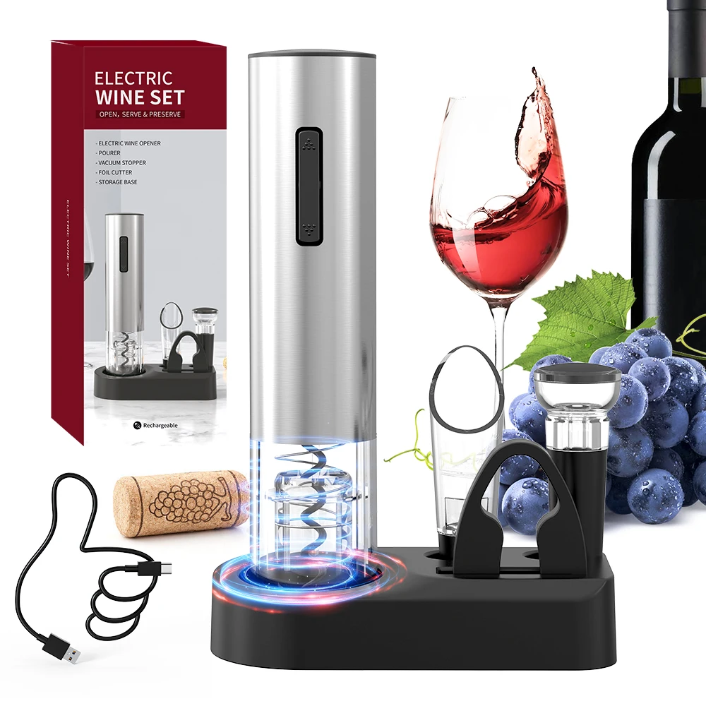 Ensemble d'ouvreur de vin électrique Rechargeable ouvre-bouteille électrique automatique avec support ouvre-bouteille en métal avec coupe-feuille, verseur, bouchon