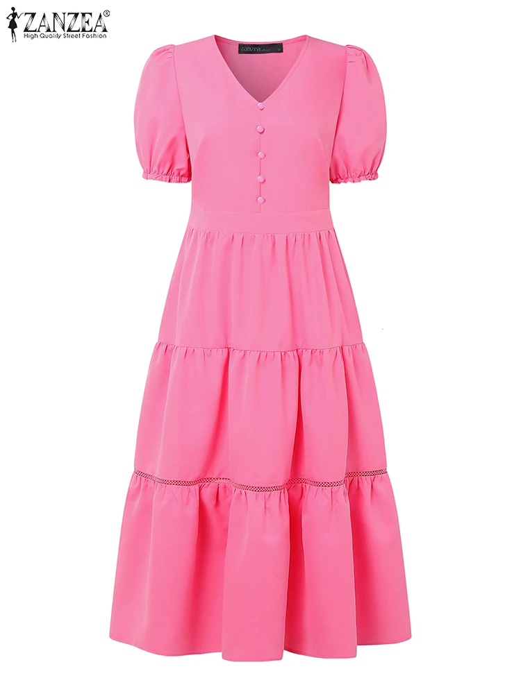 Zanzea mulher elegante em camadas midi vestidos 2025 verão moda com decote em v manga curta puff a linha robes femme rendas retalhos vestidos