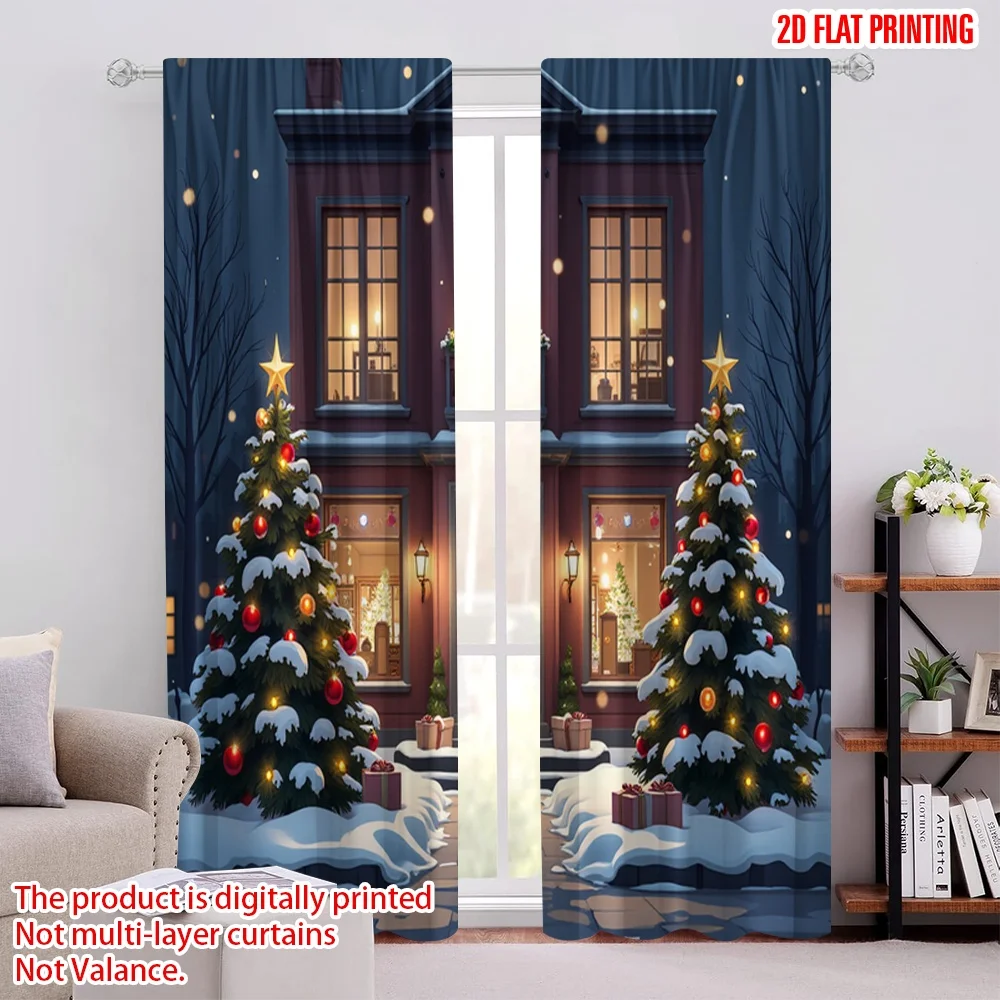 

2pcs 2D flat printing Christmas Window Curtains Christmas snow scene Versatile Polyester Fabric Without Electricity Party