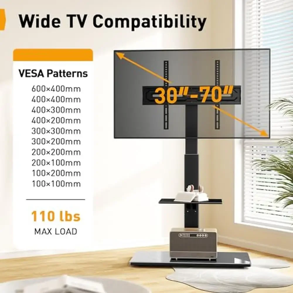 Supporto da pavimento per TV Girevole 80 gradi 30-70 pollici 110 libbre Inclinazione regolabile in altezza Base in vetro temperato Mensola Gestione dei cavi Facile