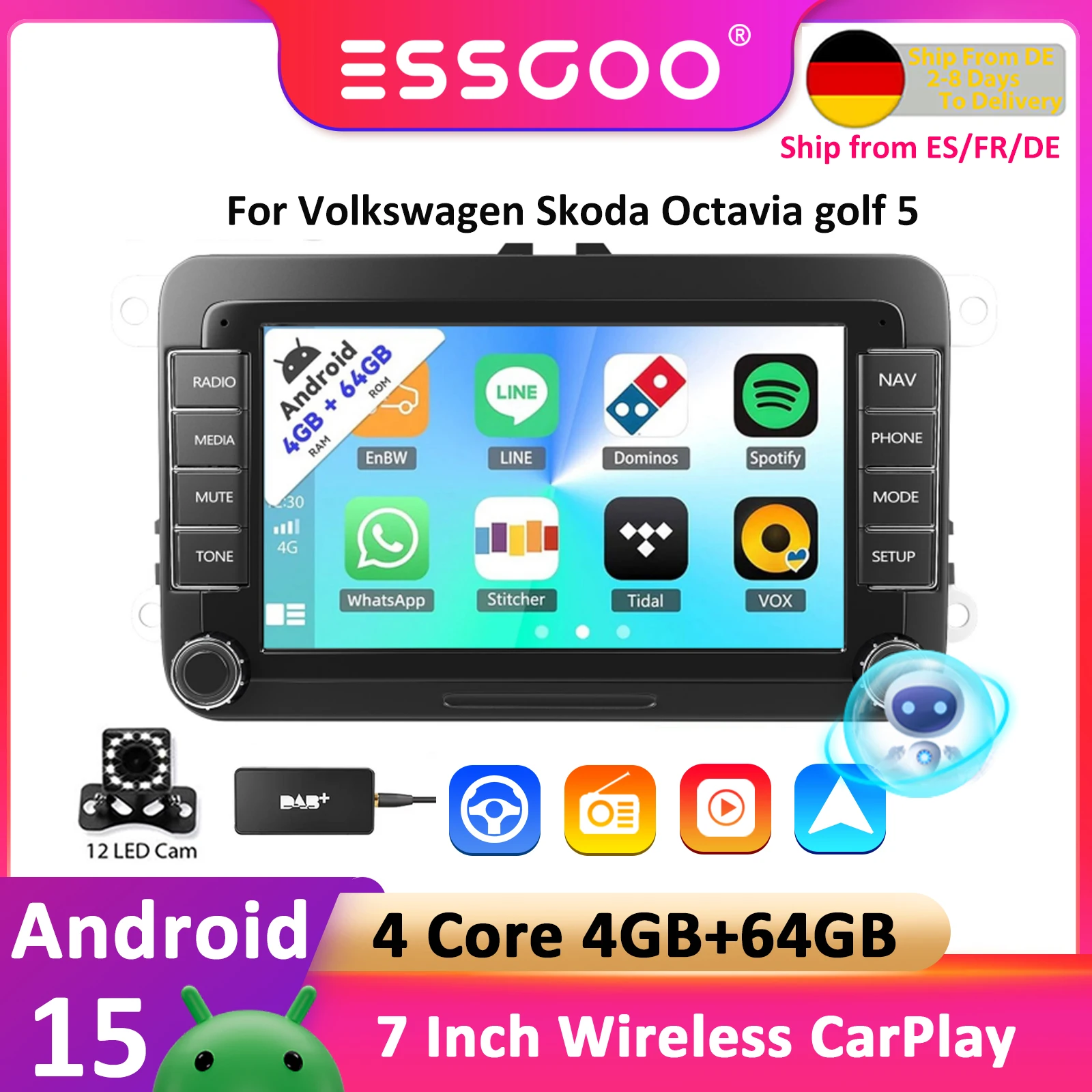 

ESSGOO Car Radio Android 15 Car Multimedia Player GPS WiFi Carplay For Volkswagen Skoda Octavia golf 5 touran passat polo Jetta