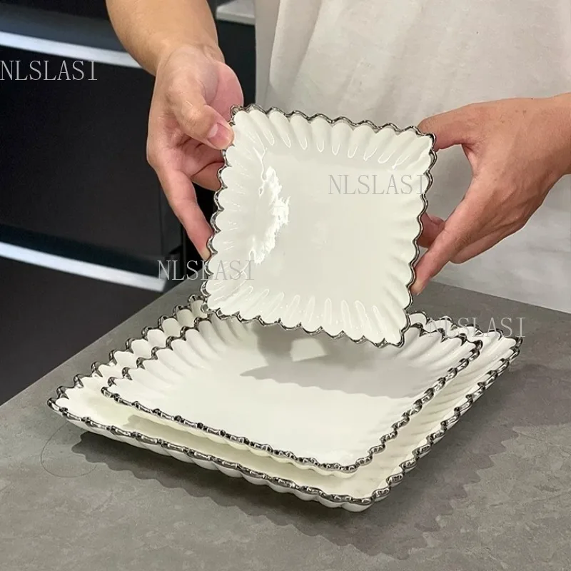 1pc Vintage Style White Porcelain Serving Tray with Silver Trim and Shell Pattern Edges Elegant Square Plate for Tea Party