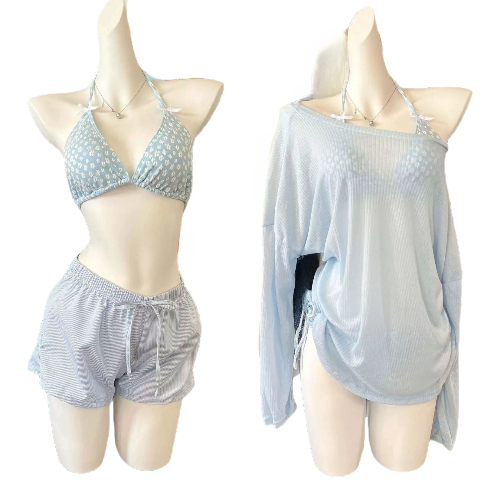 Loose Sun Protection Conservative Four Piece Swimwear Bikini Set with Cover Up for Women