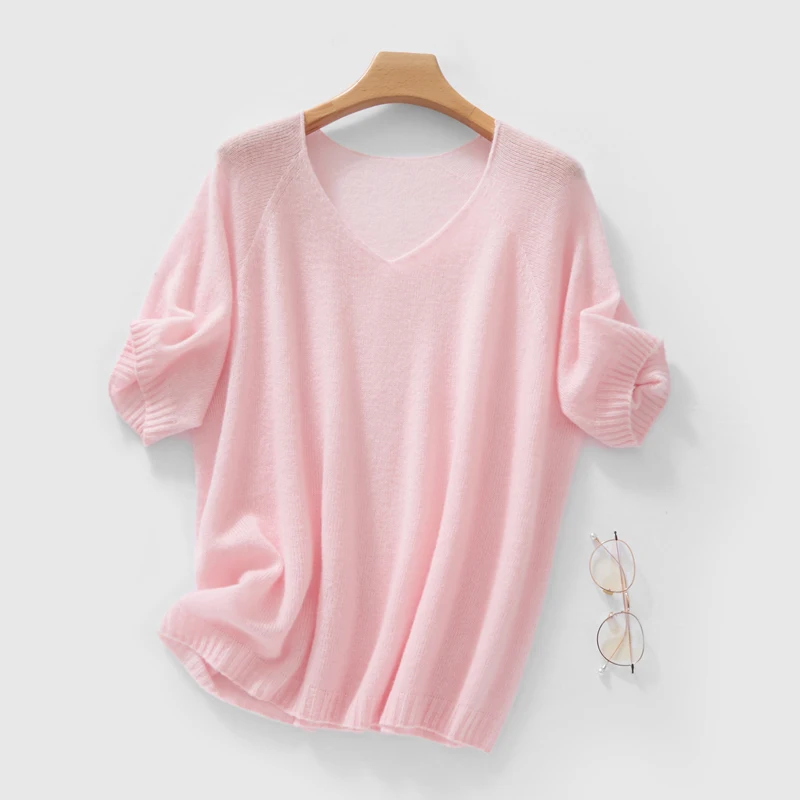 

Новый кашемировый вязаный летний женский свитер с V-образным вырезом, удобный тонкий пуловер с короткими рукавами, женский шерстяной свитер, многоцветный.