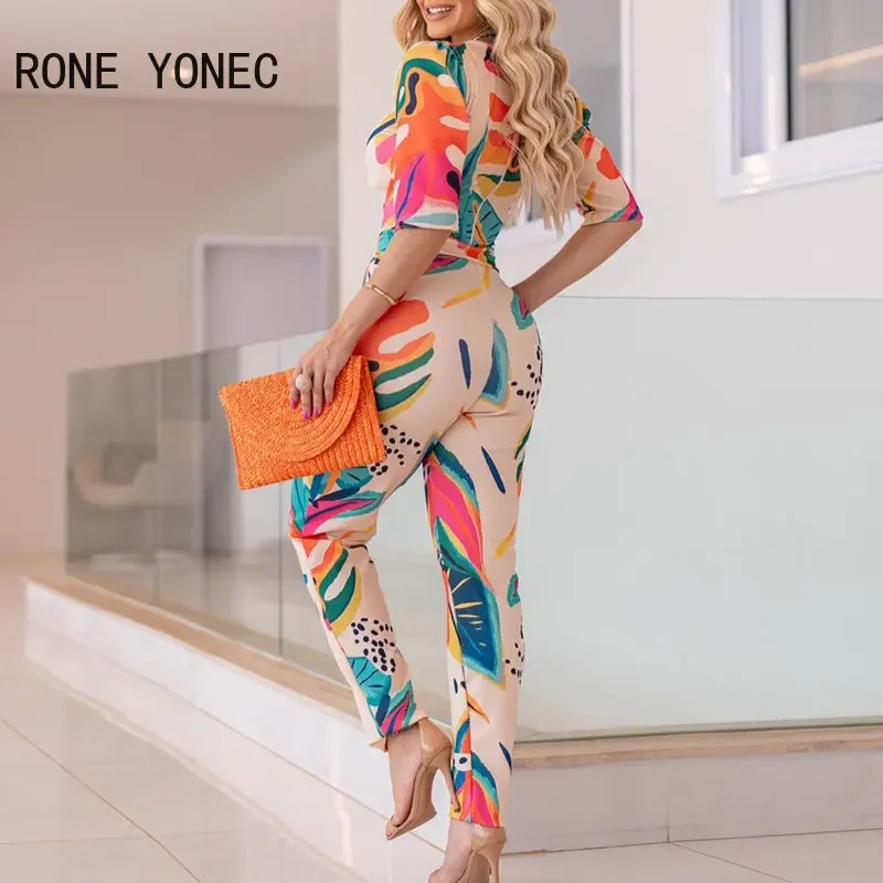 Women Chic All Over Print Short Sleeves  V Neck Hollow Out Pencil Pants Set