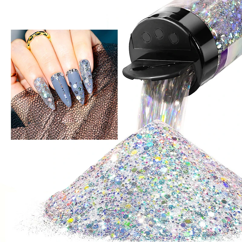 1,76 Unzen 50 g holografisches, klobiges Glitzer-Bastel-Glitzerpulver, gemischte, klobige, feine, schillernde Nagel-Pailletten für Nägel, Festival-Dekoration