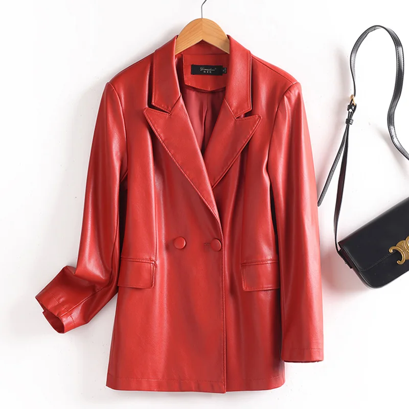 

New Women Split Leather Blazer Spring Autumn Fashion Notched Collar Loose Waist Leather Jacket Casual Simplicity Female Coat